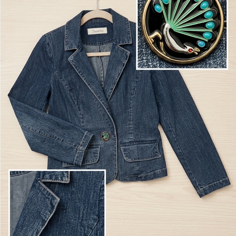Suzette Denim Blazer with Peacock Button - Dark Blue size small